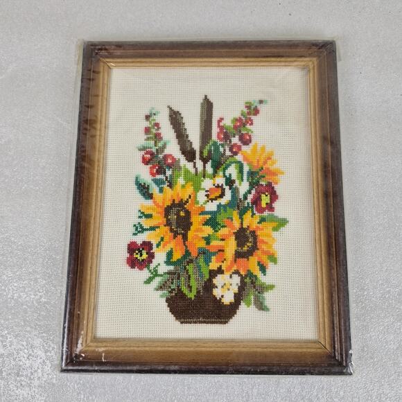 Handmade Other - Vintage Framed Needlepoint Sunflowers & Wildflowers Handmade Embroidery Sealed